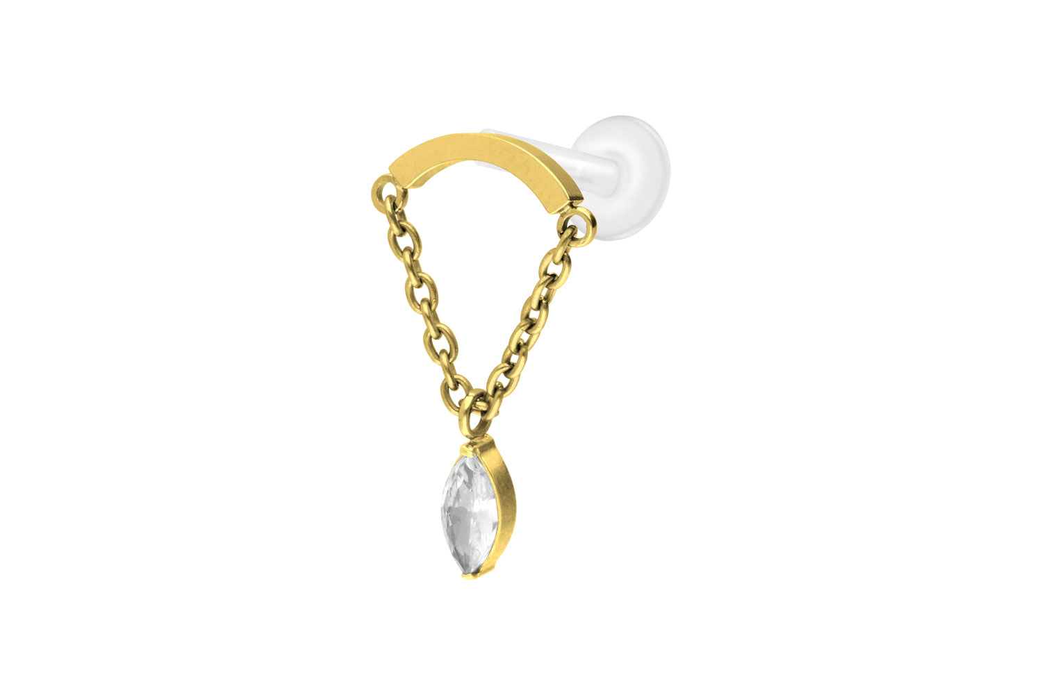 PTFE Labret Piercing mit Innengewinde + Titan-Aufsatz BOGEN + KETTE + KRISTALLTROPFEN